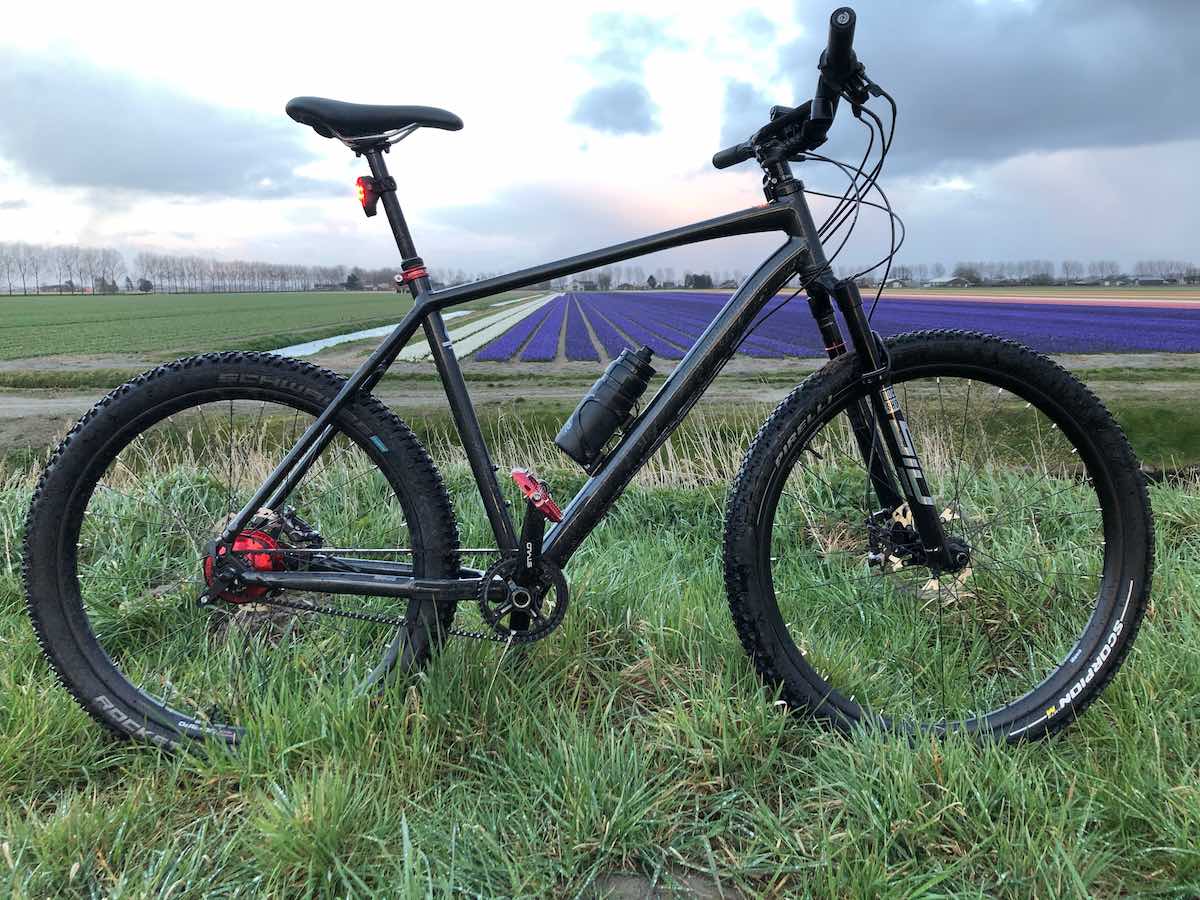 bikerumor pic of the day a bicycle is in a green grassy field in the distance is a tulip farm with rows of white and purple flowers.