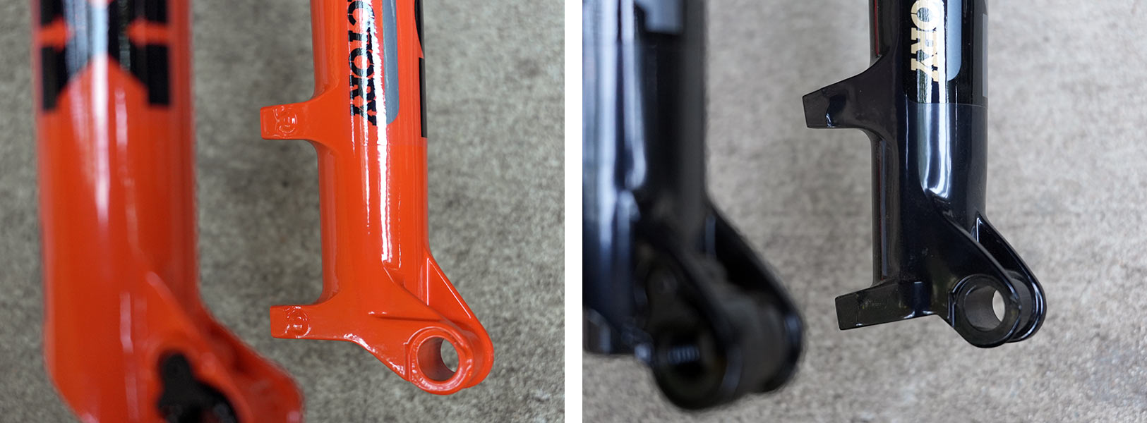detail photo showing feature comparison between new and old fox 34 mountain bike forks