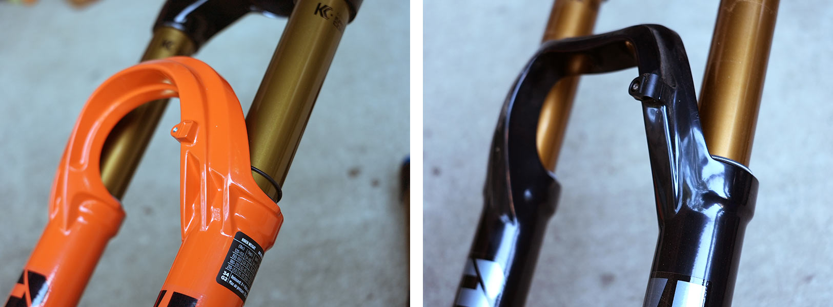 detail photo showing feature comparison between new and old fox 34 mountain bike forks