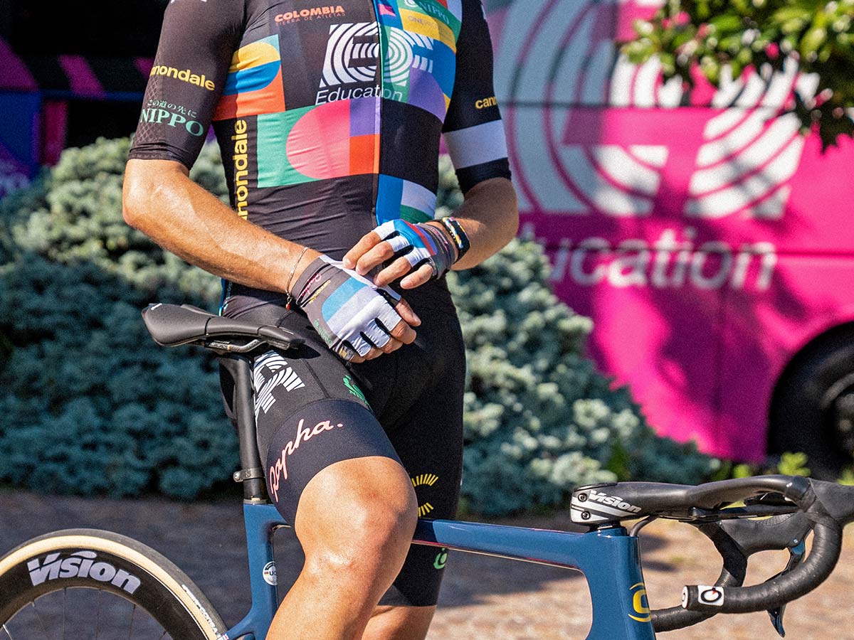 EF Pro Cycling colorful Rapha Euphoria switch-out kit at 2021 Giro d Italia, jersey bib shorts gloves