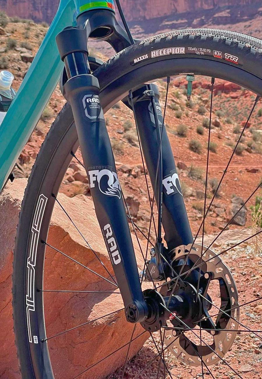 FOX RAD prototype gravel fork, reverse arch 30mm short-travel gravel bike suspension, courtesy Geoff Kabush, detail