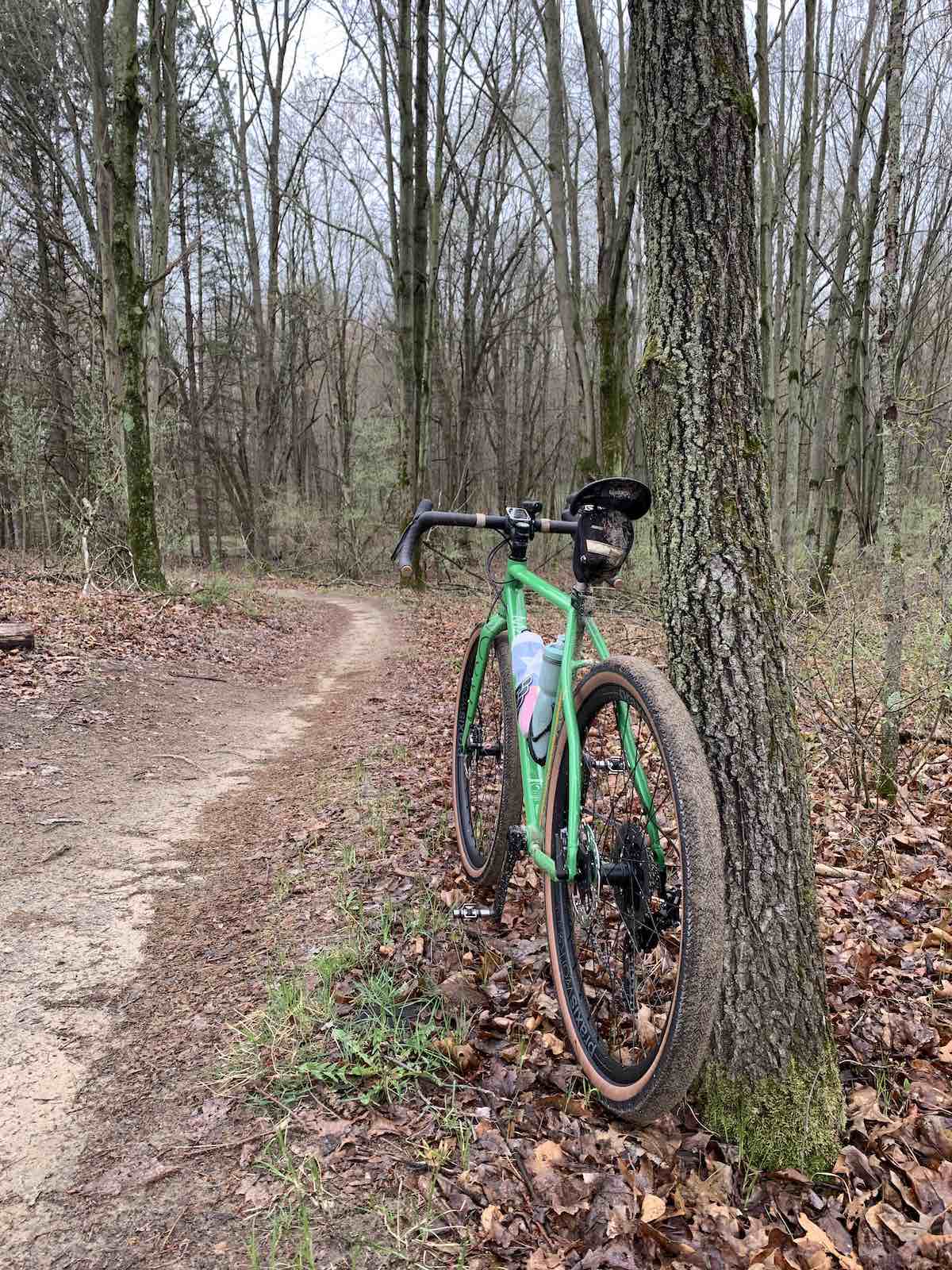 bikerumor pic of the day a green bicycle leans against a tree on a dirt trail in the woods. small leaves are beginning to show that spring is coming.