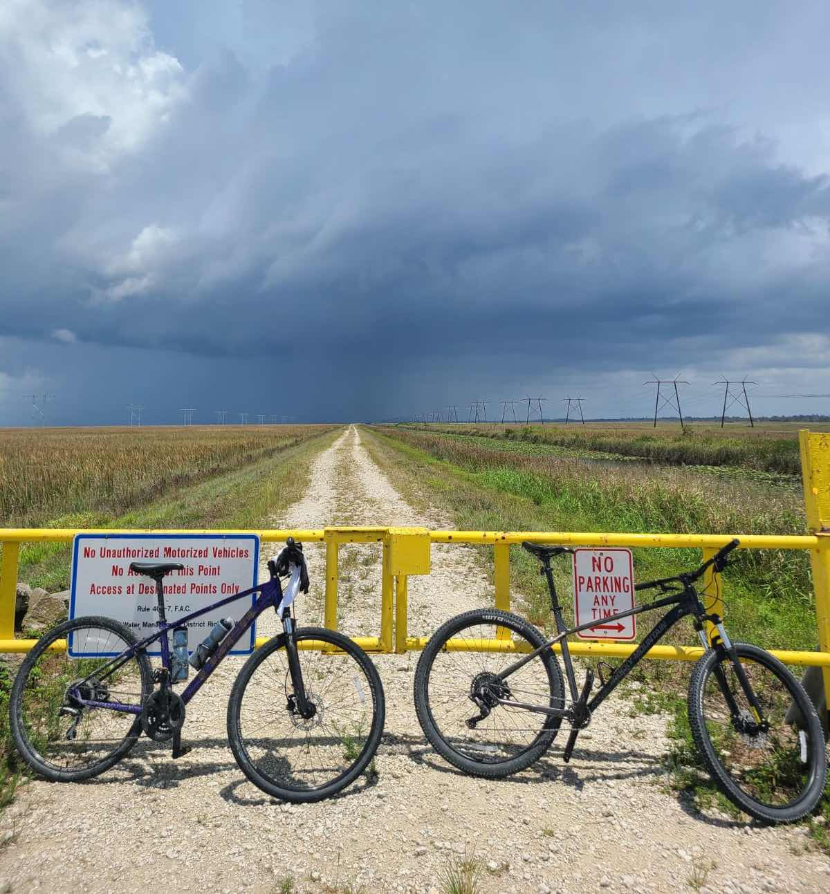 bikerumor pic of the day two bicycles lean against a yellow metal gate crossing a gravel road that seems to go straight for miles. The road is bordered by everglades on either side and is lit up by the sun as a storm cloud is dark and ominous in the distance.