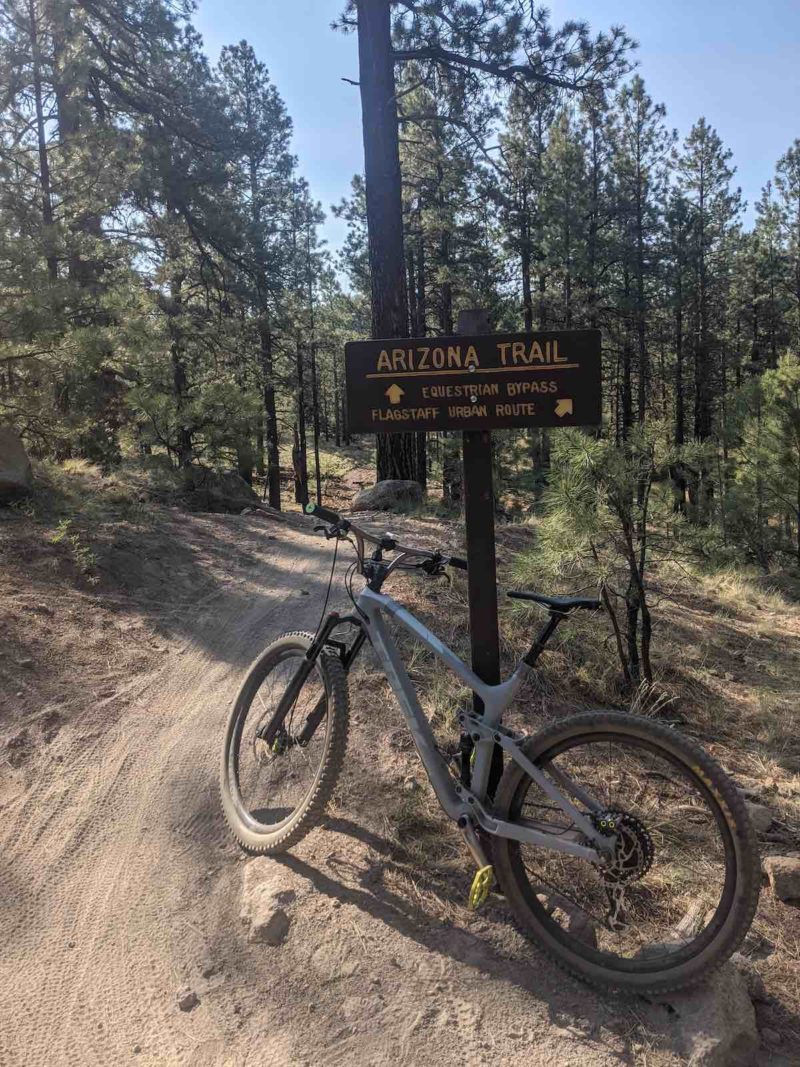bikerumor pic of the day a mountain bike leans against a trail sign in the coconino national forest near flagstaff arizona. the dirt trail leads into a pine forest, the sky is clear and blue.