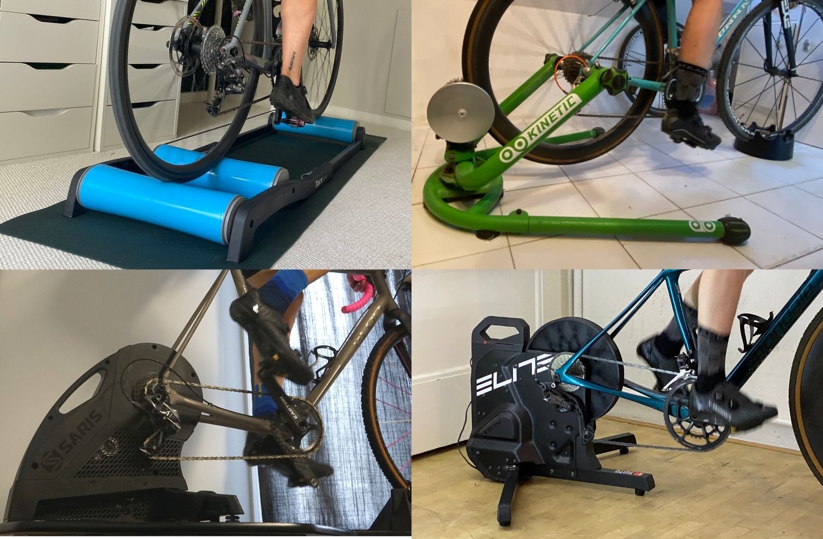 best bike trainers - collage of Kinetic Rock and Roll, Saris H3, Tacx Antares Rollers and Elite Suito