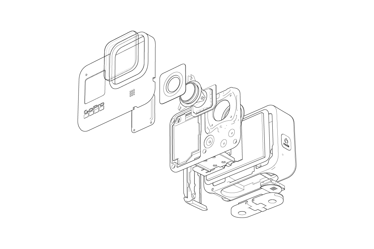 OpenGoPro API schematic exploded view of a HERO 9 action camera