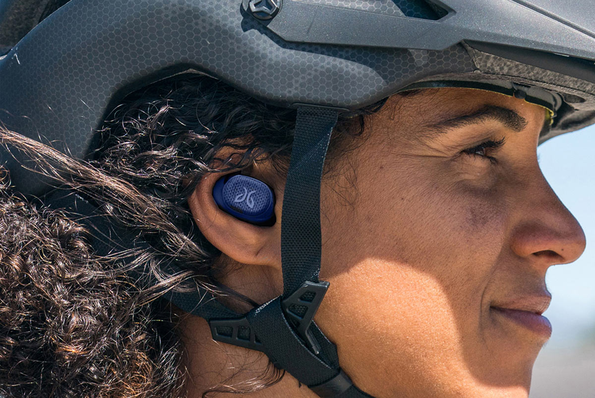 jaybird vista 2 wireless earbuds shown on a cyclist