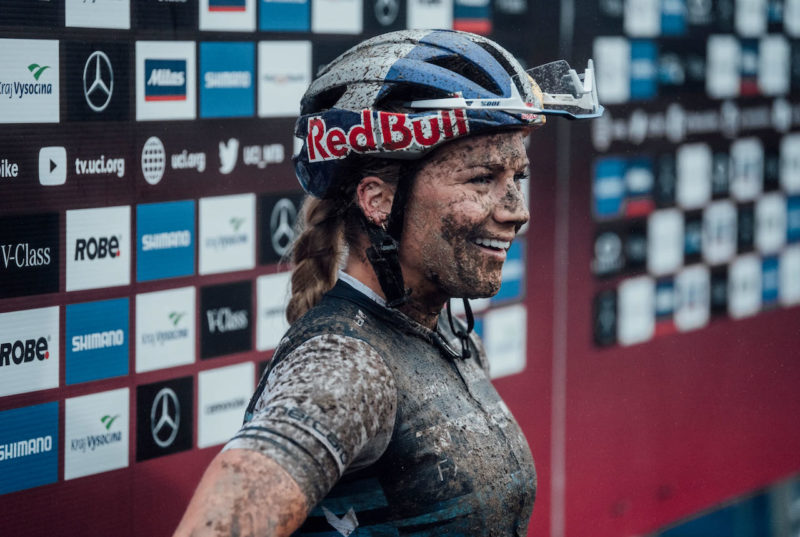 Evie Richards after a muddy race