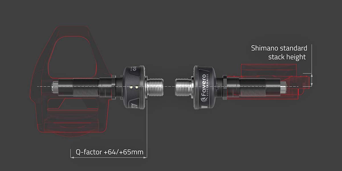 Favero Assioma DUO-Shi Shimano SPD-SL compatible road power meter pedal spindle kit, Q-facto & stack heightr 