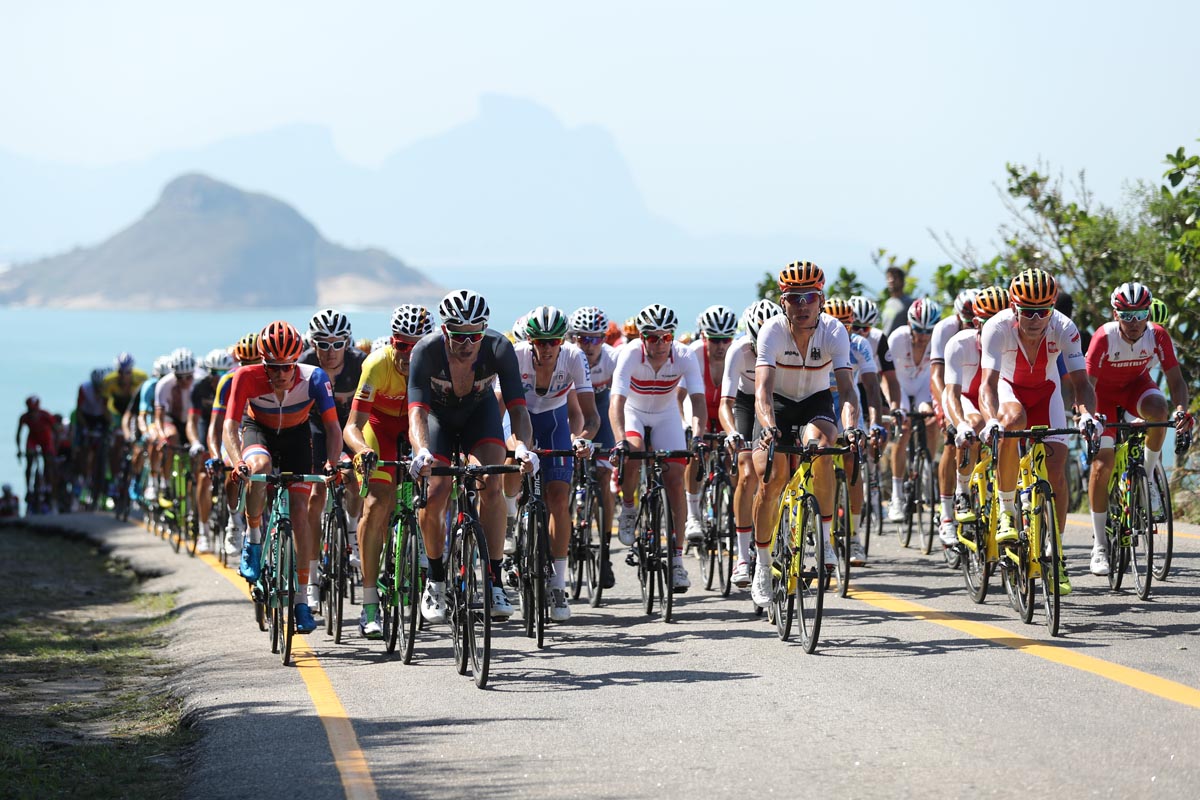 RIO DE JANEIRO, BRAZIL - AUGUST 6, 2016: Cyclists ride during Rio 2016 Olympic Cycling Road competition of the Rio 2016 Olympic Games in Rio de Janeiro