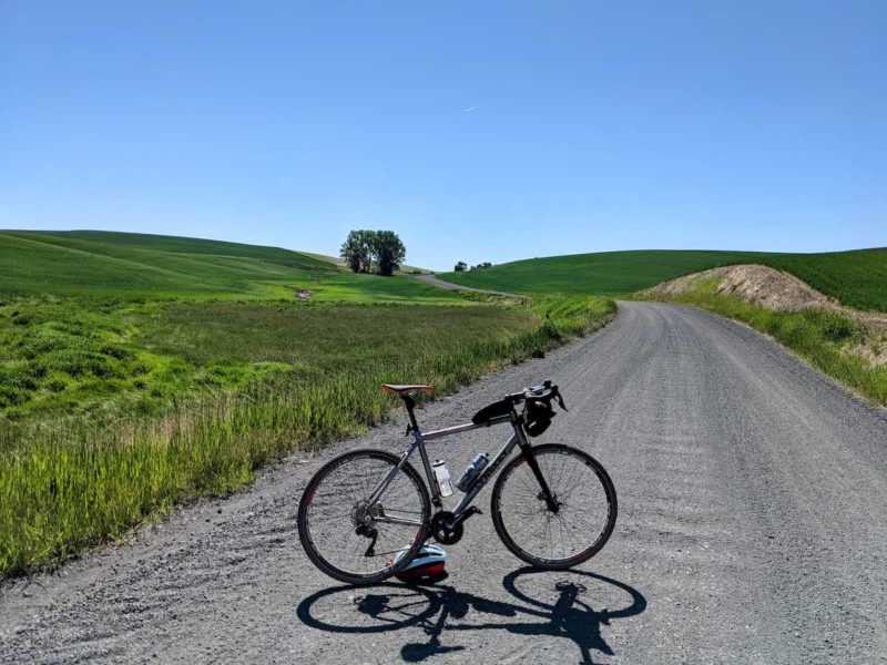 bikerumor pic of the day a gravel bike is posed in the middle of a wide gravel road with rolling hills of green grass on either side the sky is clear and the sun is high and bright.