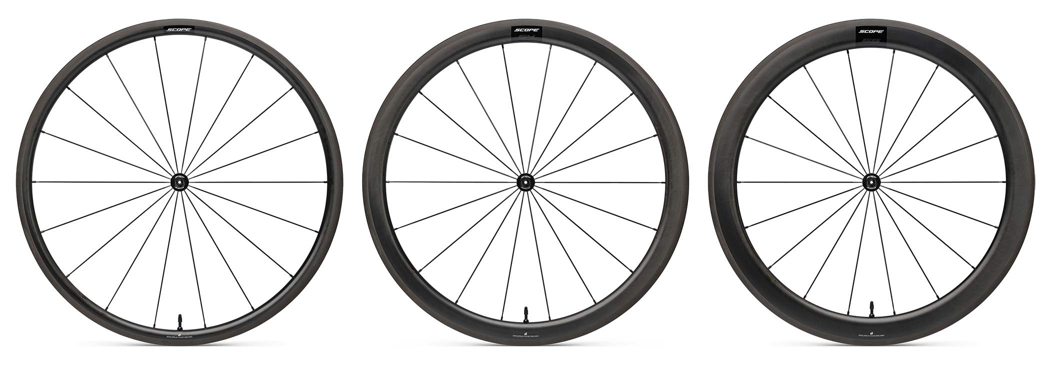 Scope Sport affordable carbon tubeless road wheels, 998€ for rim or disc brakes, three depths