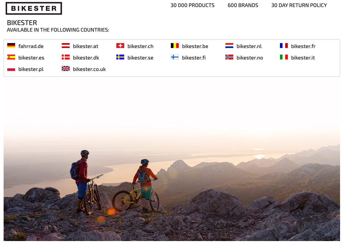 bikester homepage screenshot and country selection