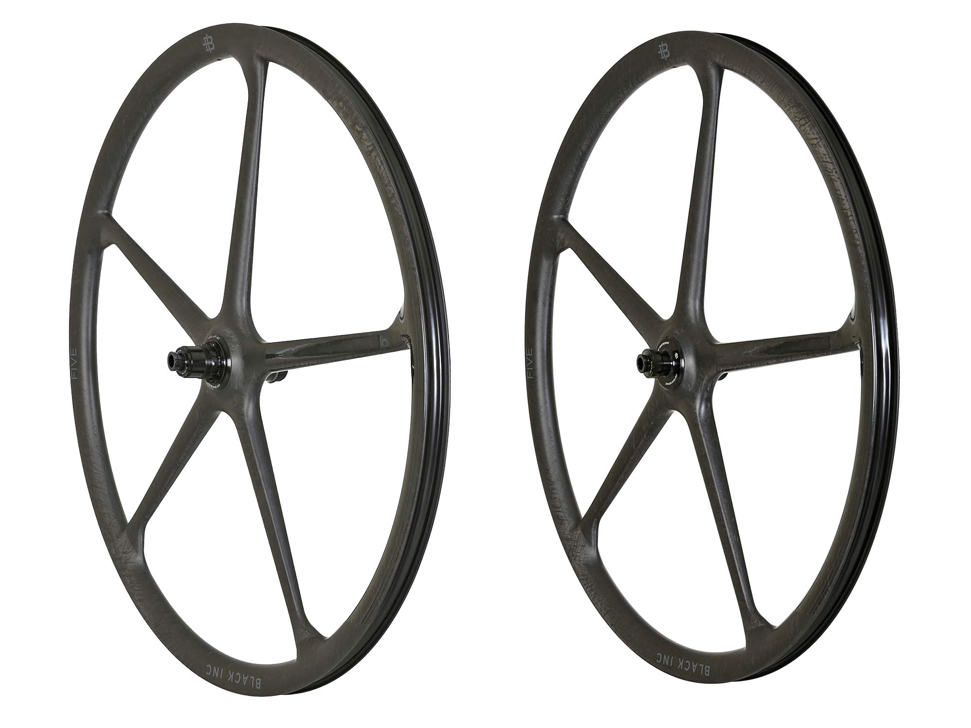 Black Inc FIVE aero carbon 5-spoke tubeless disc brake road bike wheels, angled pair