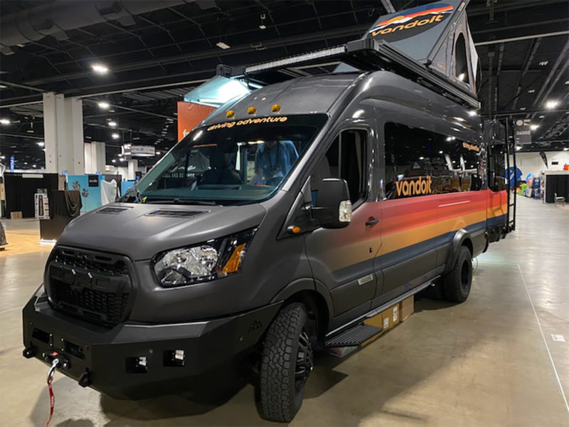 new one-piece offroad bumper for ford transits from backwoods adventure mods shown on vandoit custom camper van