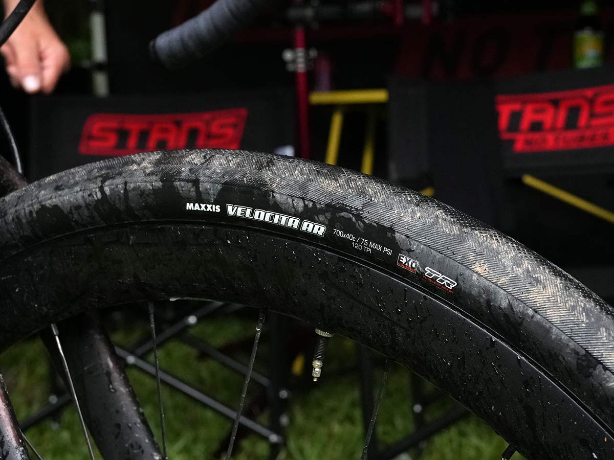 wheel and tire details of CLIF Pro Team gravel race bike for russell finsterwald
