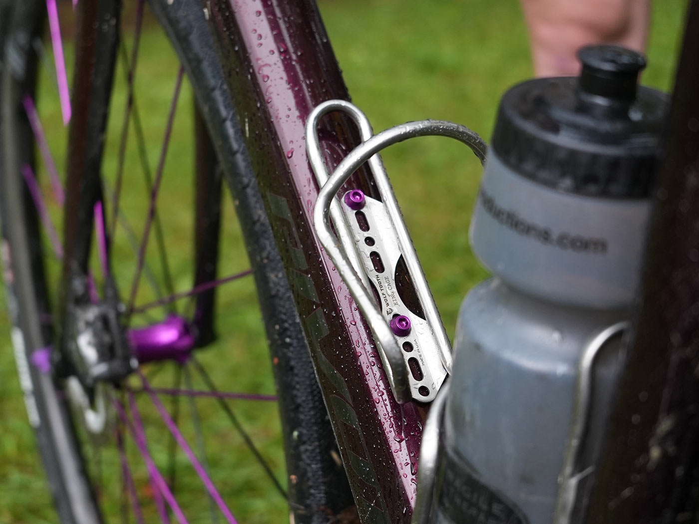 closeup of WTC morse cage water bottle cage on wadsworth gravel race bike
