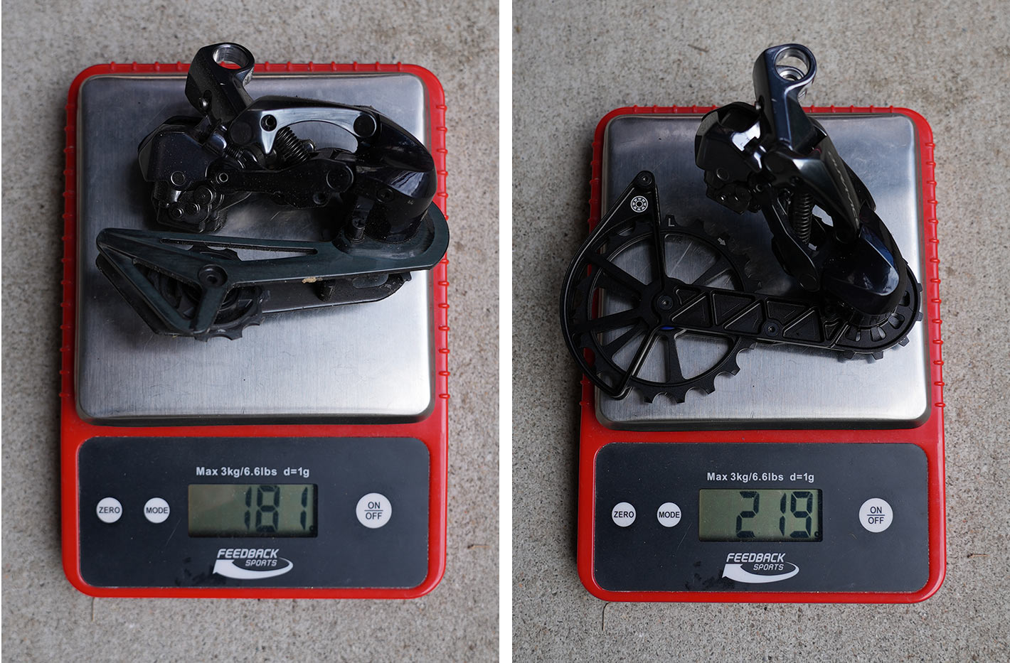 actual weight of kogel colossus os pulley upgrade on a rear derailleur shown on the scale