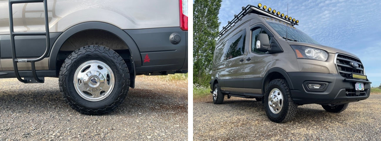 closeup of wheel gap on a ford transit adventure van with quigley qlift spacer lift kit