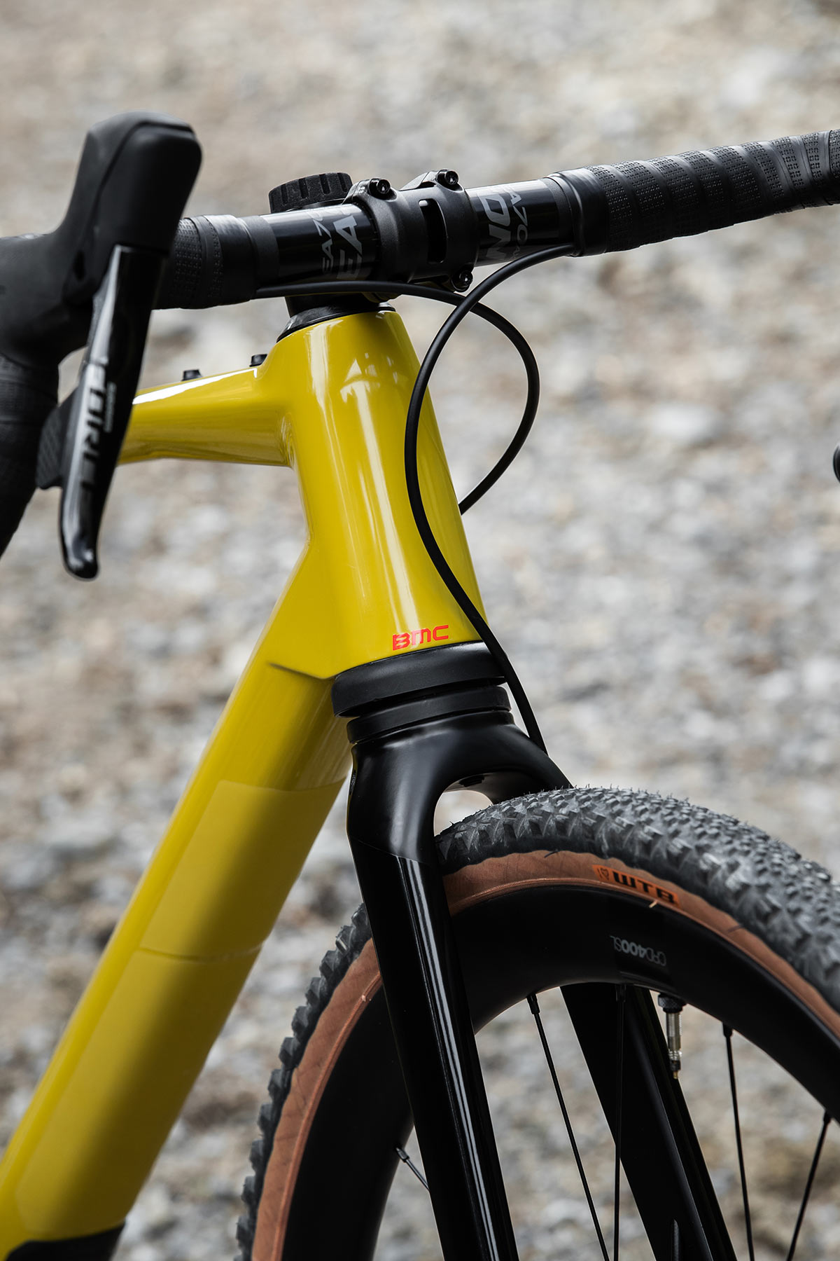 bmc urs lt full suspension gravel bike closeup on front fork