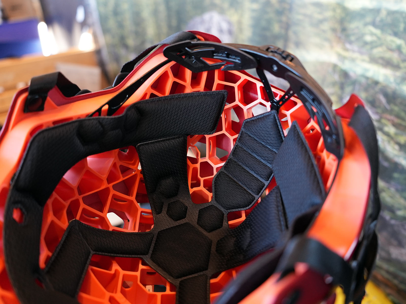 internal look at hexagonal padding structure of 720 bike helmets