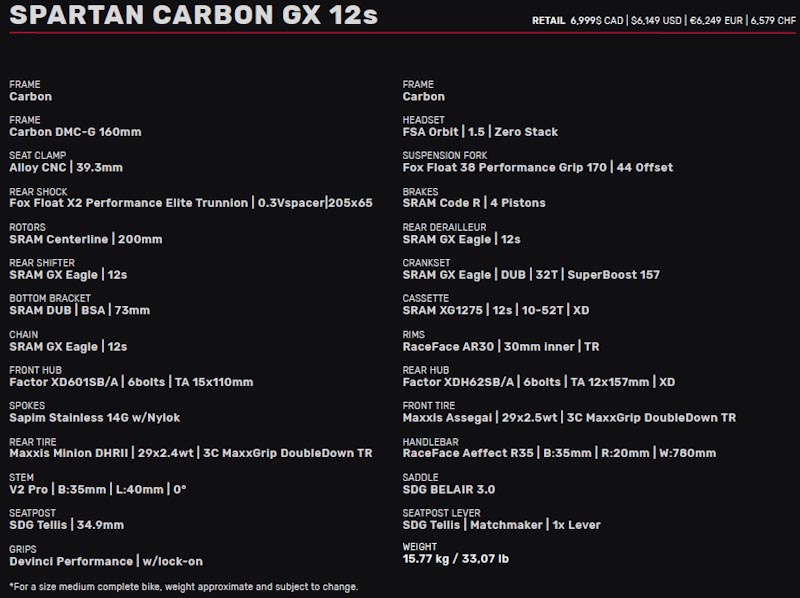 Devinci Spartan HP GX 12S specs