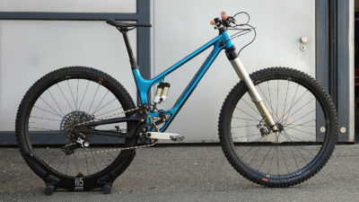 Intend shows negative offset inverted enduro fork w/ dramatic head angle