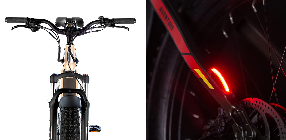 front and rear lights closeup details for aventon aventure e-bike