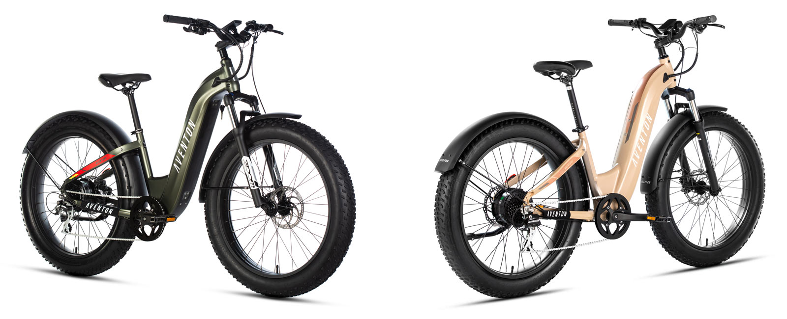 aventon aventure fat tire step thru commuter ebike shown from front and rear angles