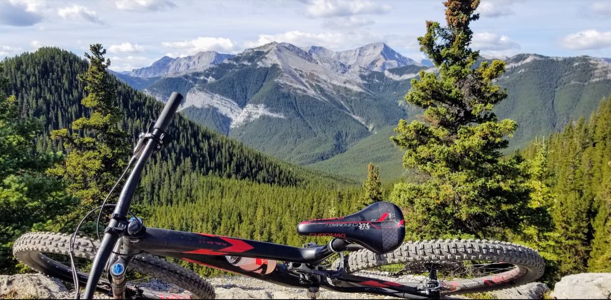 bikerumor pic of the day a mountain bike lies on its side with a view of snow capped rocky mountains in the distance, pine trees in the foreground. the day is sunny and there are some fluffy clouds in the sky.