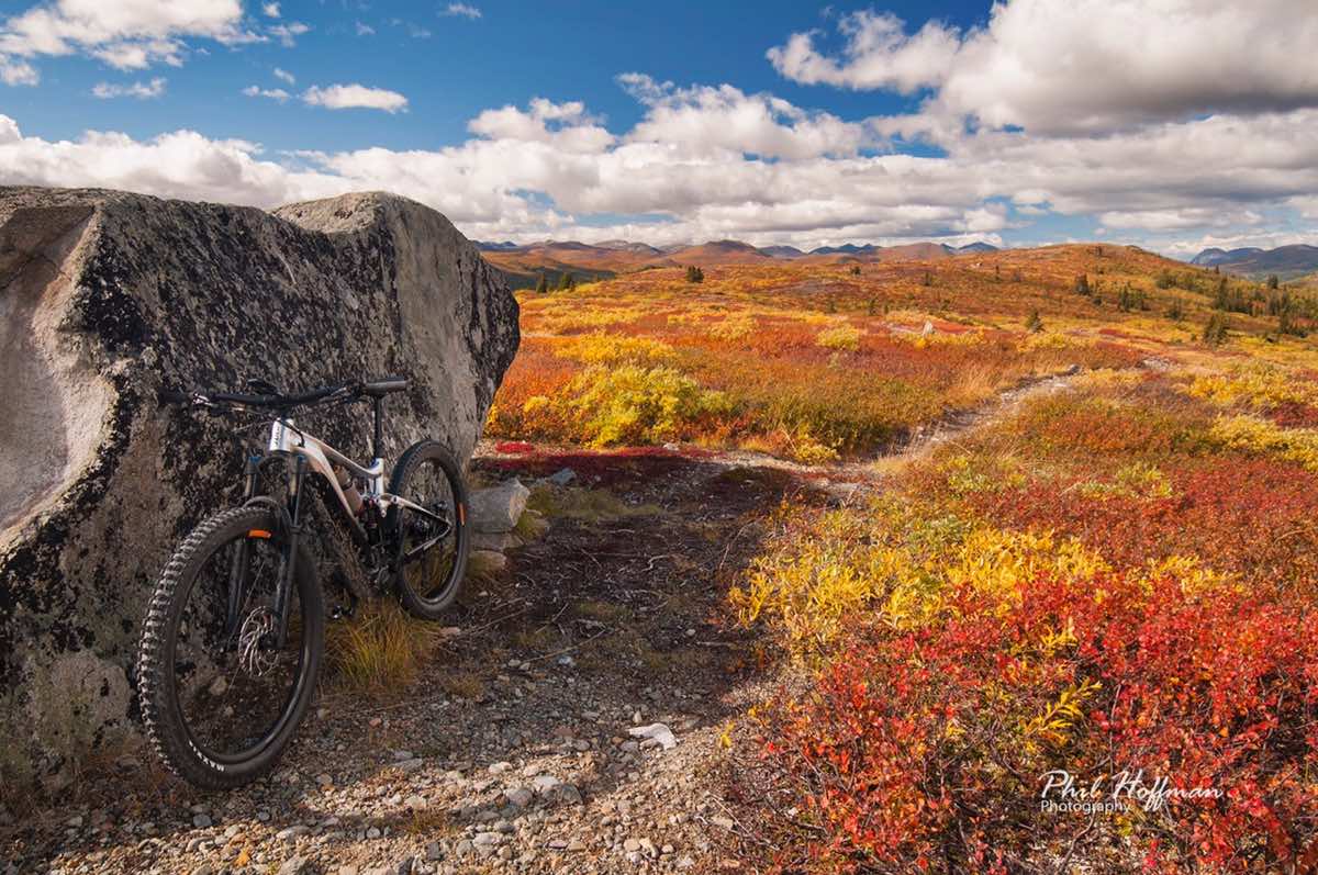 bikerumor pic of the day a mountain bike leans against a large boulder on a rocky trail with orange and yellow brush surrounding, there are fluffy clouds in the bright blue sky and the sun is high overhead.