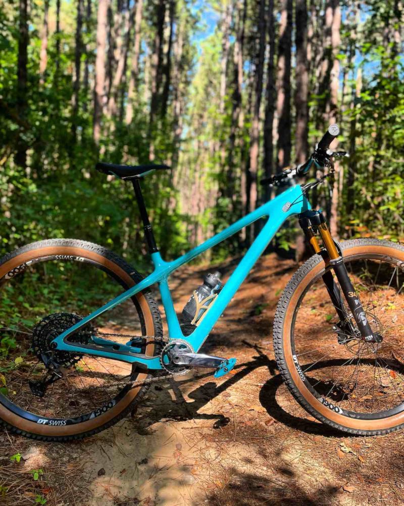 bikerumor pic of the day bright blue mountain bike is won a pine straw covered hard packed dirt trail surrounded by tall trees, the sun is bright and shines through the leaves onto the trail.