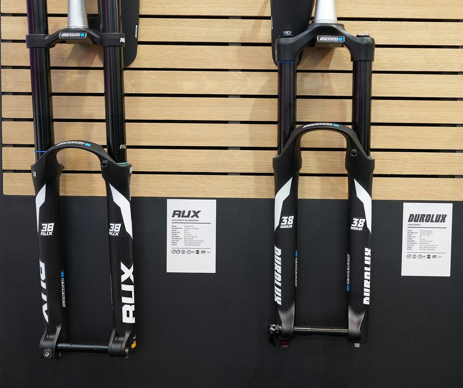2022 SR Suntour Rux and Durolux enduro mountain bike suspension forks with 38mm stanchions