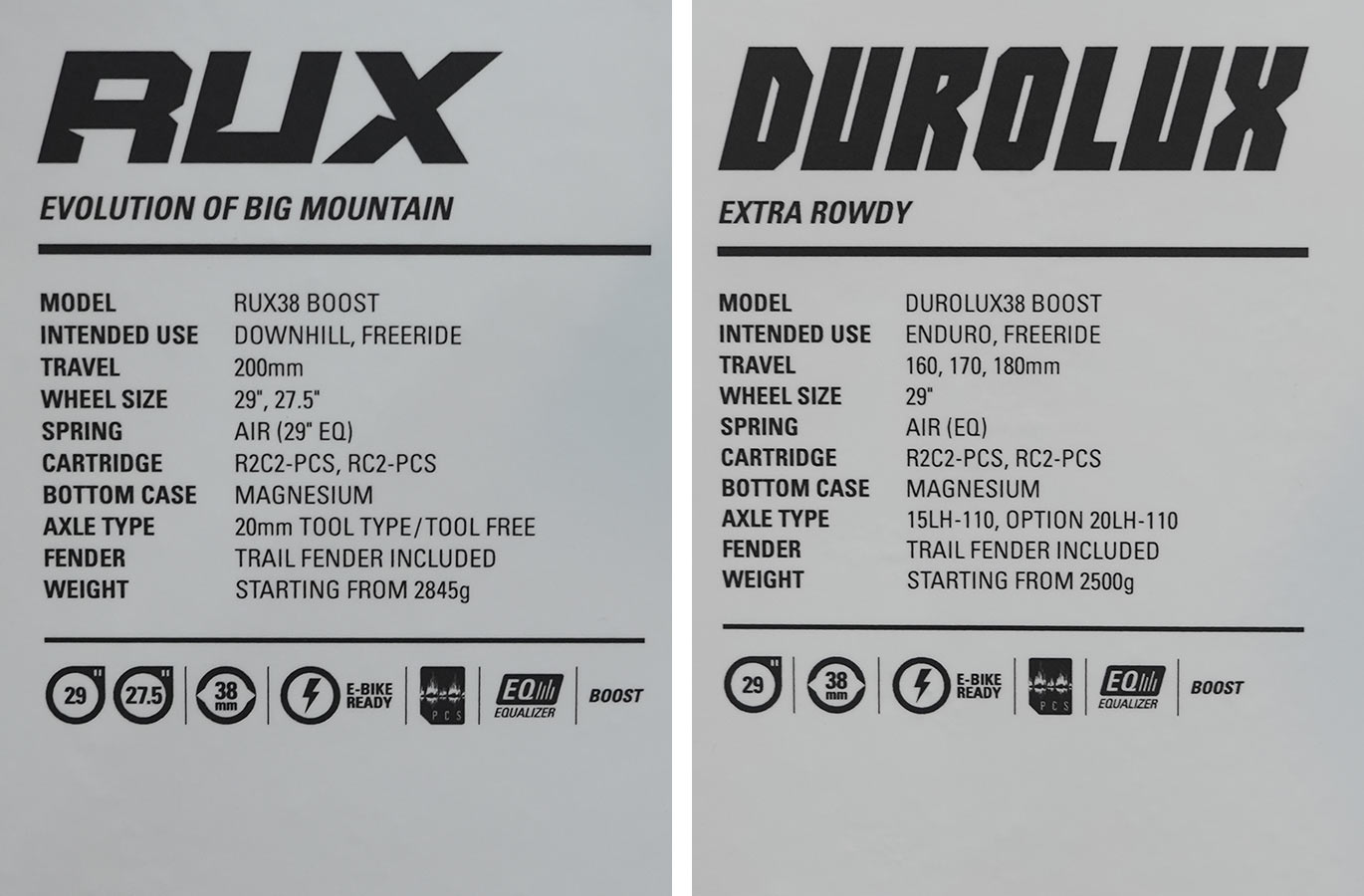 spec sheets for 2022 SR Suntour Rux and Durolux enduro mountain bike suspension forks with 38mm stanchions