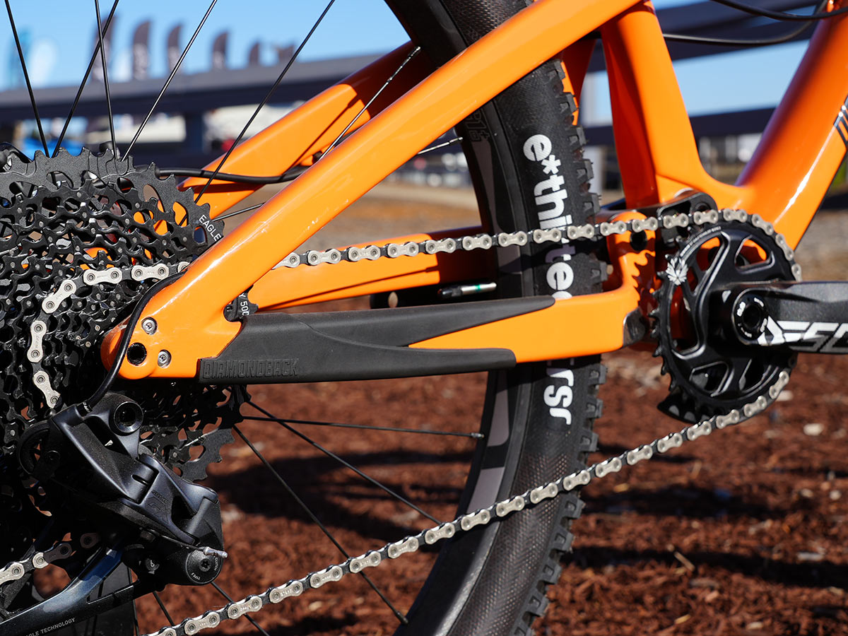 drivetrain closeup on diamondback release 5c carbon trail bike with 27.5 inch wheels