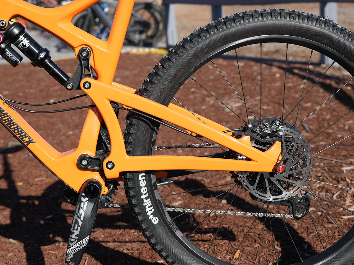 rear triangle closeup on diamondback release 5c carbon trail bike with 27.5 inch wheels