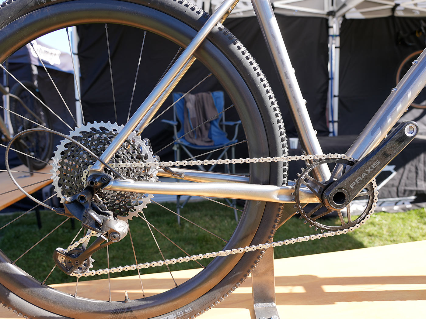closeup drivetrain and chainstay view of 2022 turner cyclosys titanium gravel bike