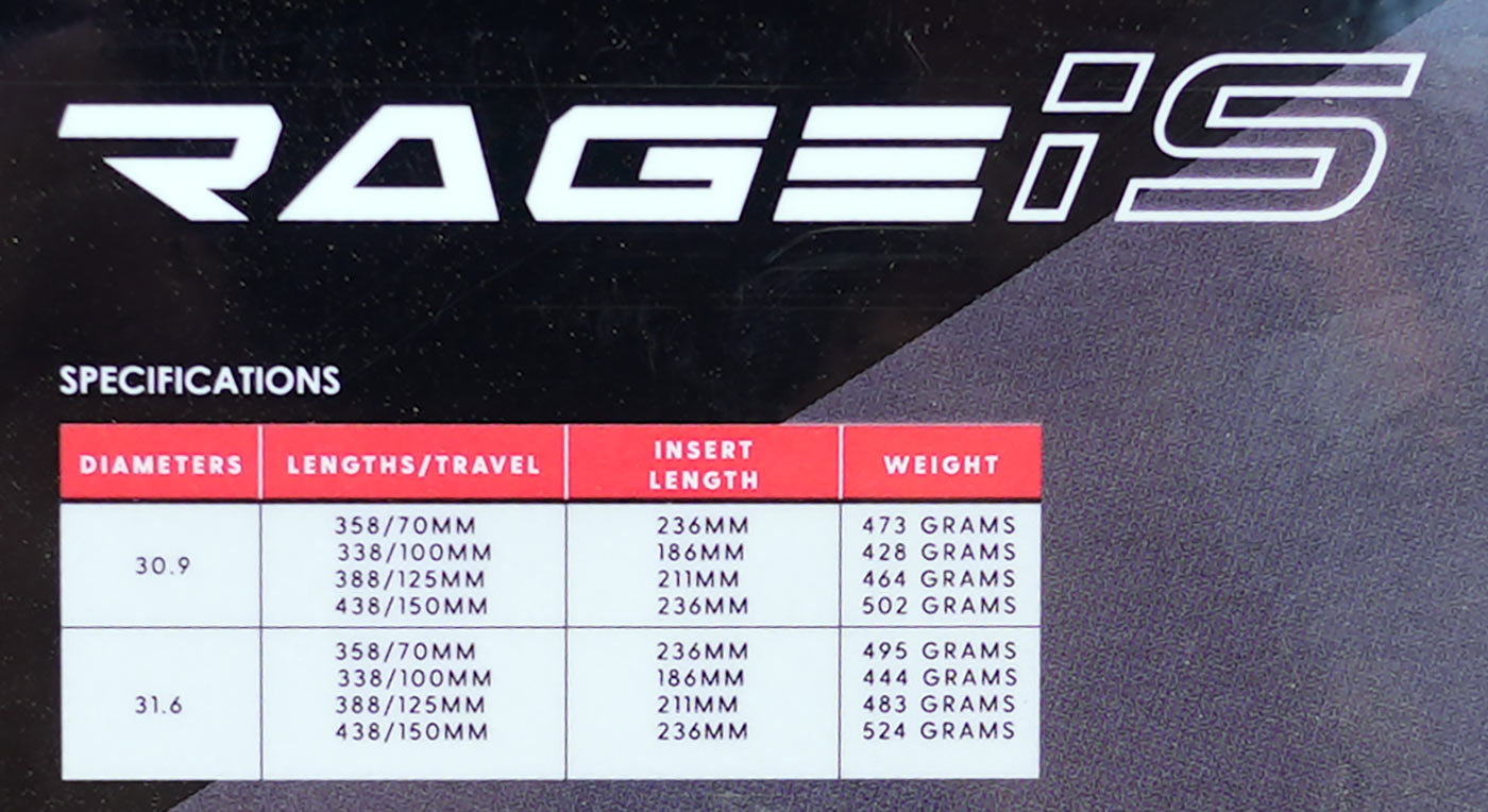 specs and weights chart for KS rage iS suspension dropper seatpost for gravel bikes
