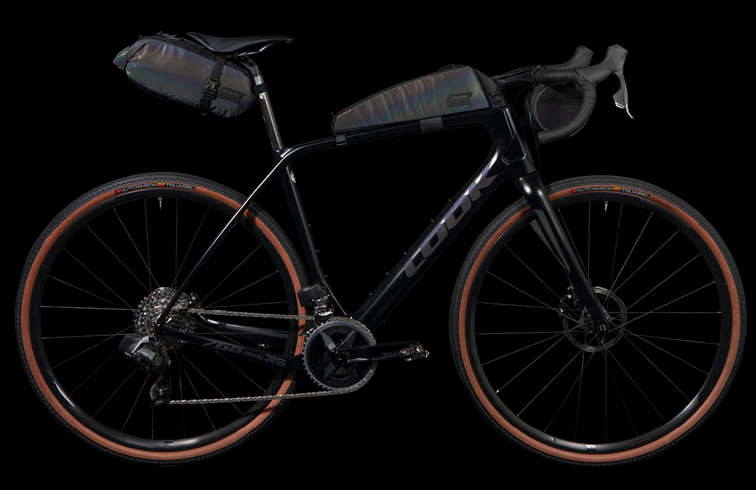 Look X Restrap limited edition iridescent Look 765 Gravel RS bike frameset & Limited Run bikepacking bags, anime