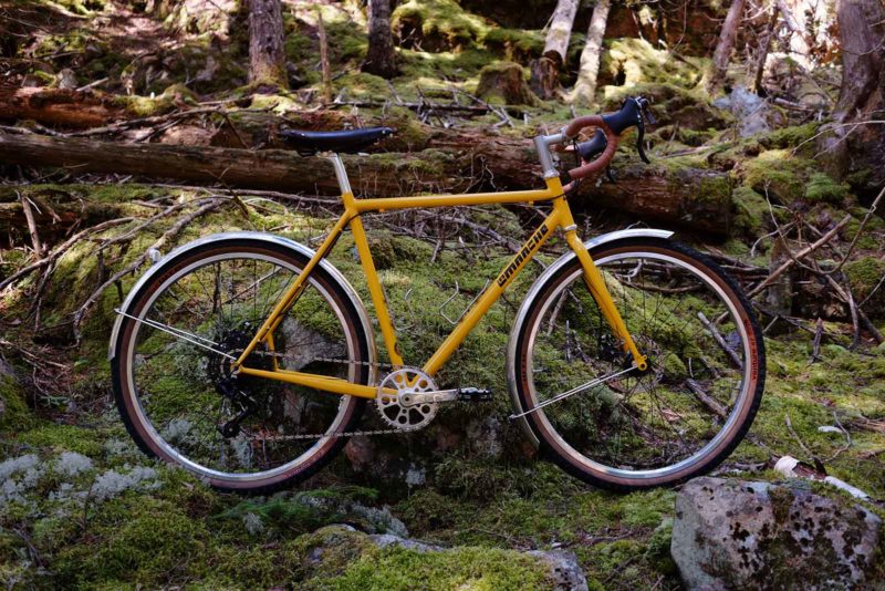 a yellow Tom La Marche bike in a wooded environment