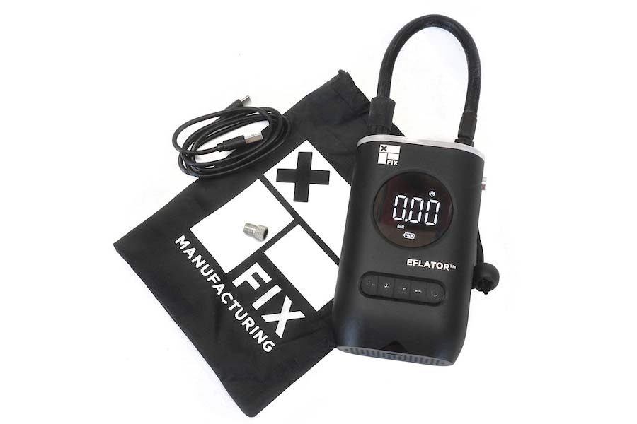 Fix Mfg Eflator portable battery-powered digital tire pump,  mini air compressor, contents