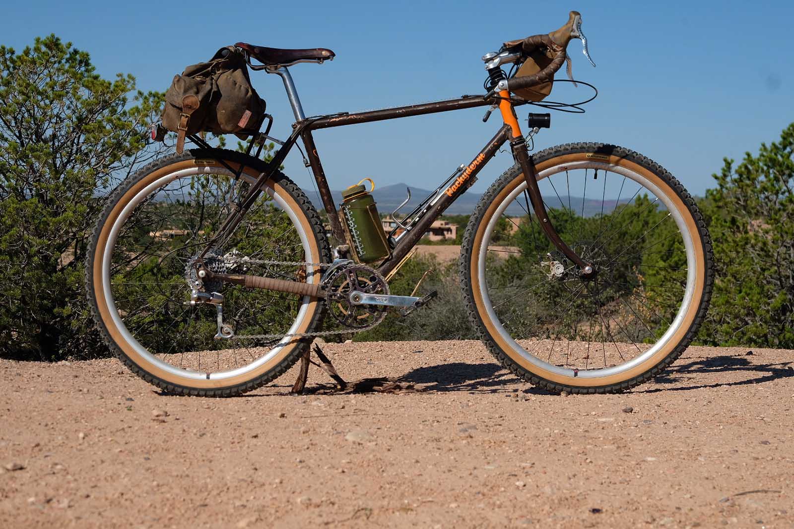 a wide shot of a pachyderm bike in the desert