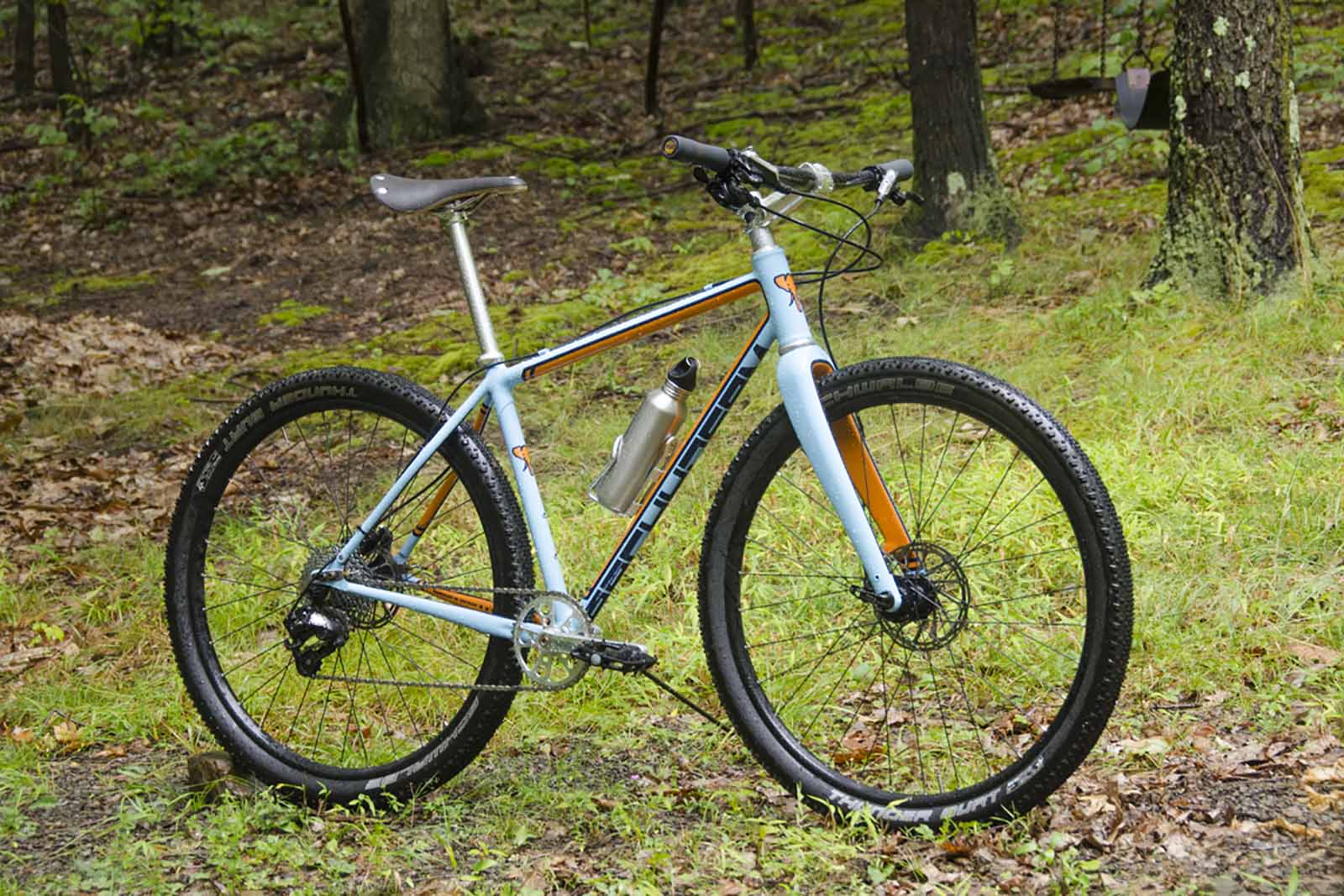 a wide shot of a pachyderm bike in a woodland setting