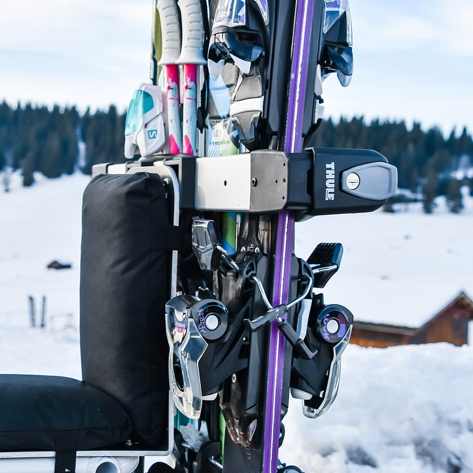 Photo of Yuba Snow rack mounted on bike. Close up.