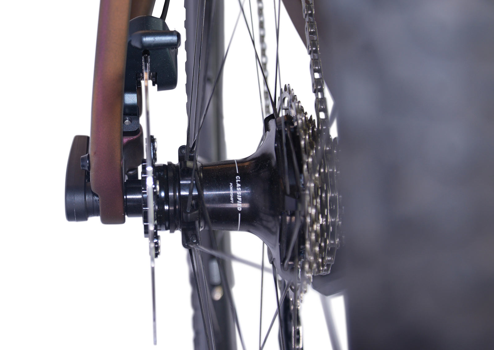 storck grix2 gravel bike shown with closeup on Classified wireless shifting rear hub