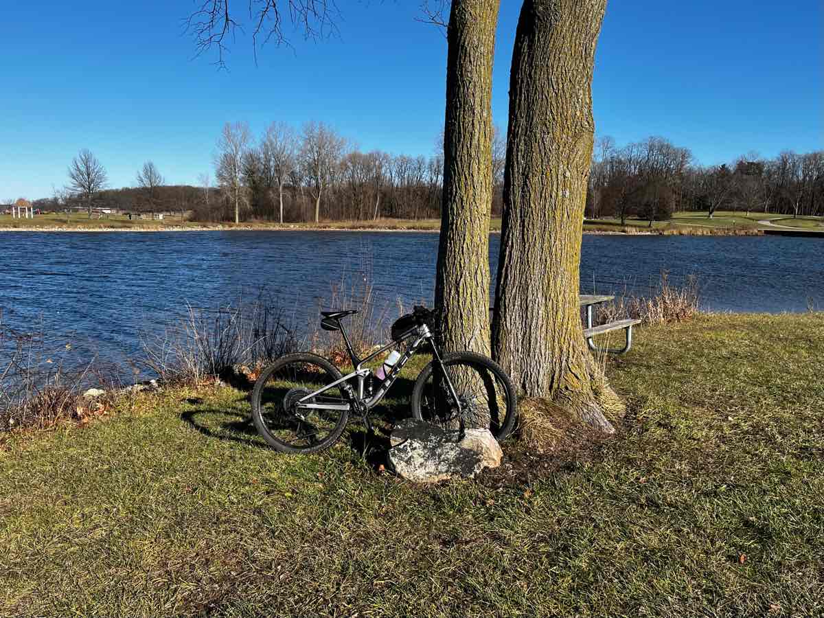 bikerumor pic of the day a bicycle leans against the trunk of a tree along the shoreline of a lake, the sky is clear and blue over the lake.