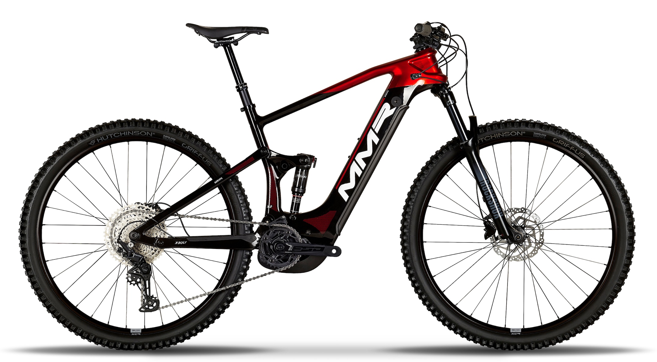 MMR X-Bolt E-MTB in Chrome Red. Side view.