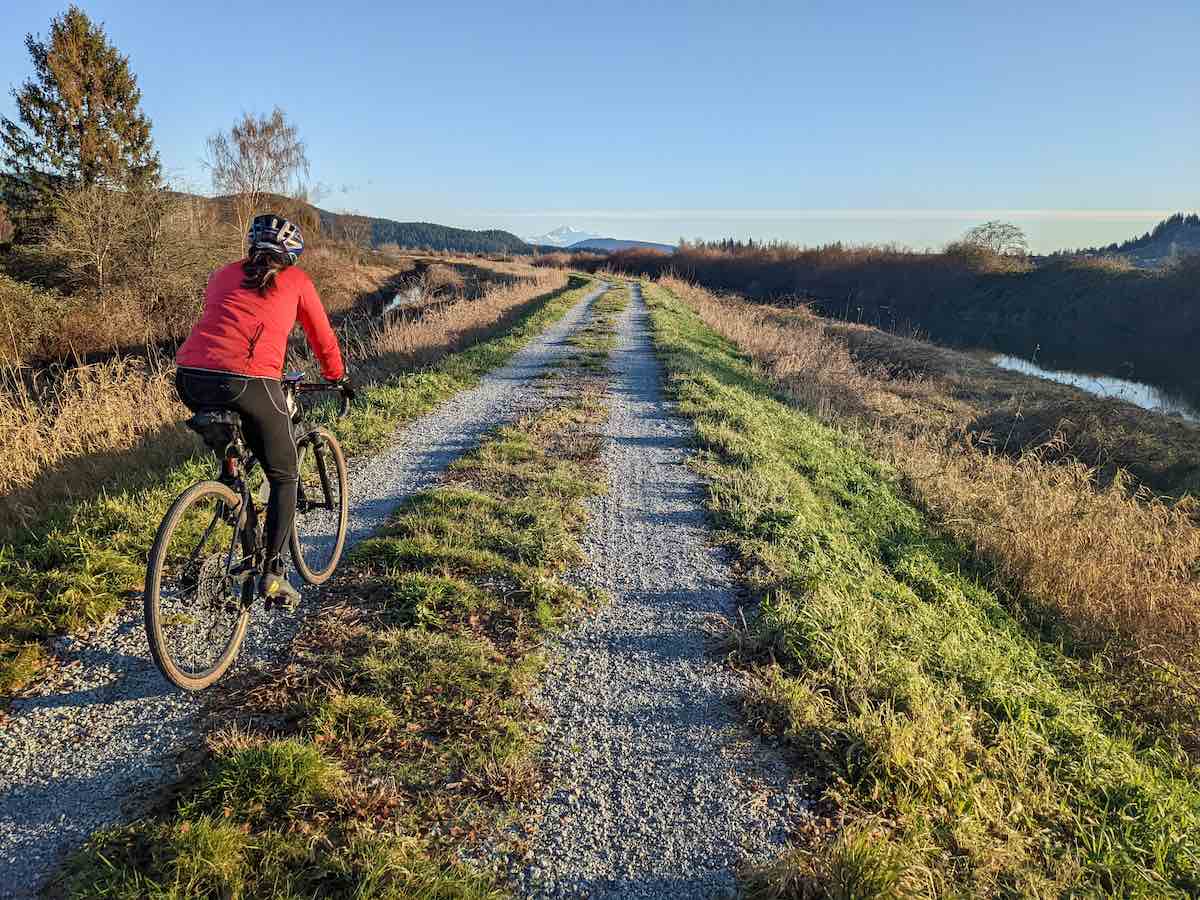bikerumor pic of the day a cyclist in a red jacket rides in the groove of a dirt road bordered by grasses that are frozen, the sun is low and bright.