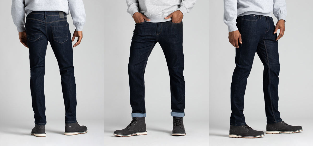 duer stay dry slim performance stretch jeans shown from all angles