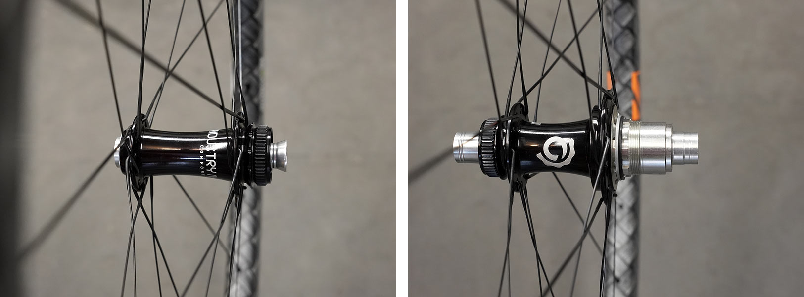 closeup of industry nine hubs on nex-gen v7 aero gravel bike wheels